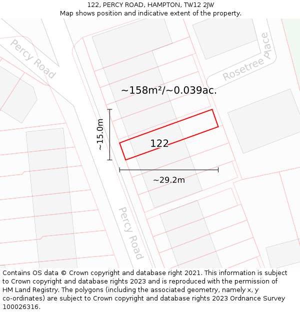 122, PERCY ROAD, HAMPTON, TW12 2JW: Plot and title map