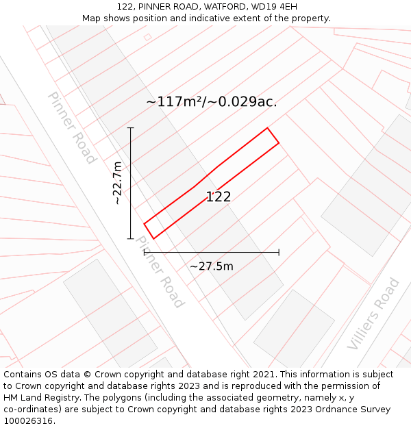 122, PINNER ROAD, WATFORD, WD19 4EH: Plot and title map