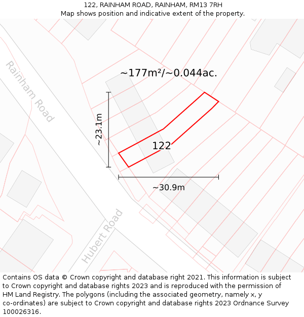 122, RAINHAM ROAD, RAINHAM, RM13 7RH: Plot and title map