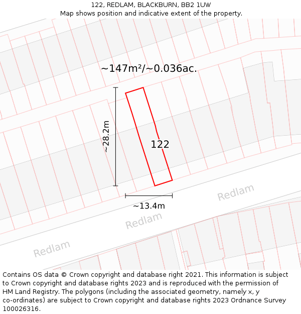 122, REDLAM, BLACKBURN, BB2 1UW: Plot and title map