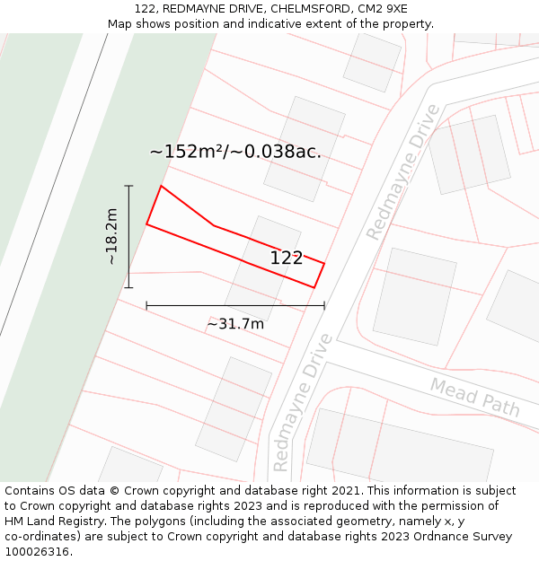 122, REDMAYNE DRIVE, CHELMSFORD, CM2 9XE: Plot and title map