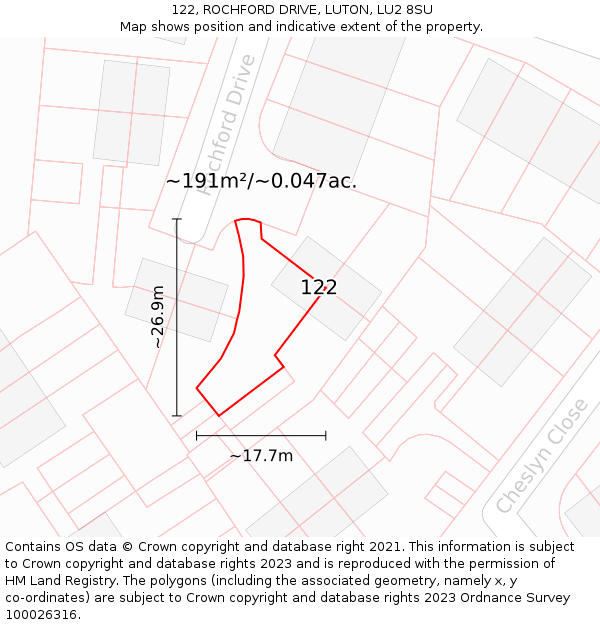 122, ROCHFORD DRIVE, LUTON, LU2 8SU: Plot and title map