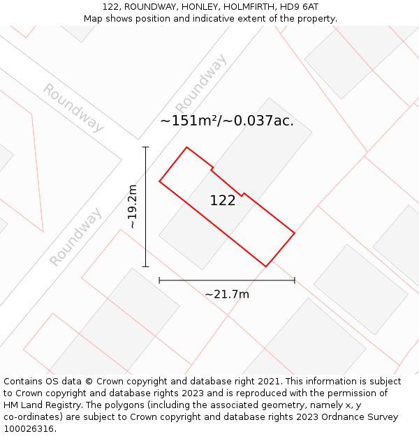122, ROUNDWAY, HONLEY, HOLMFIRTH, HD9 6AT: Plot and title map