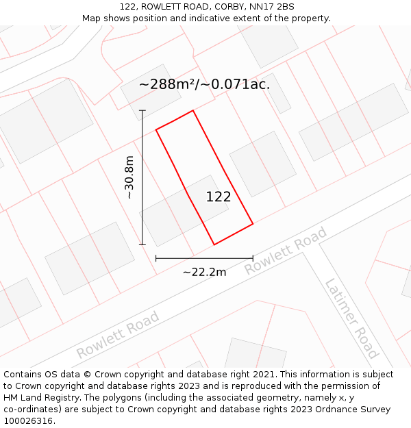 122, ROWLETT ROAD, CORBY, NN17 2BS: Plot and title map