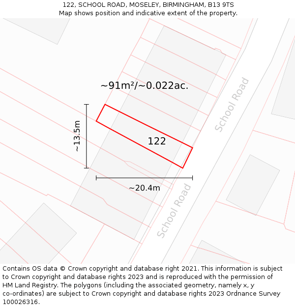122, SCHOOL ROAD, MOSELEY, BIRMINGHAM, B13 9TS: Plot and title map
