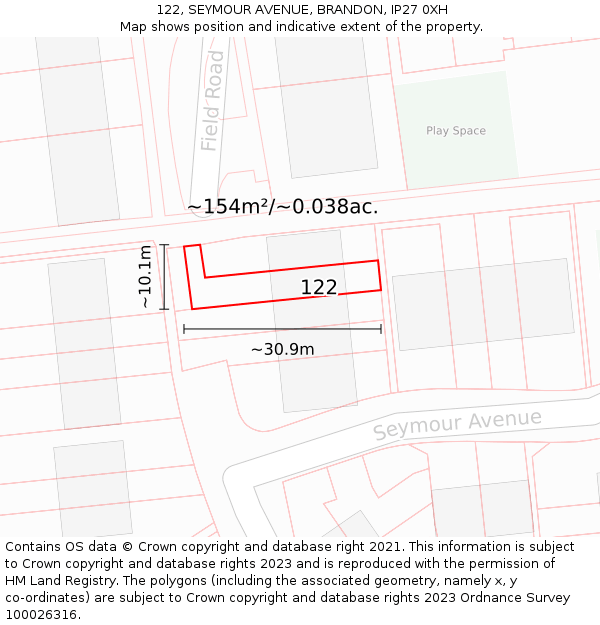 122, SEYMOUR AVENUE, BRANDON, IP27 0XH: Plot and title map