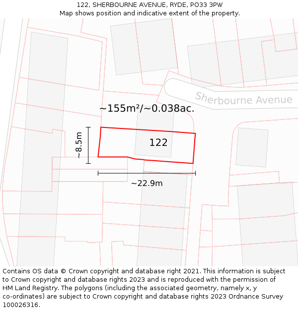 122, SHERBOURNE AVENUE, RYDE, PO33 3PW: Plot and title map