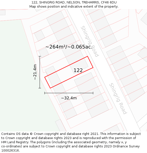 122, SHINGRIG ROAD, NELSON, TREHARRIS, CF46 6DU: Plot and title map
