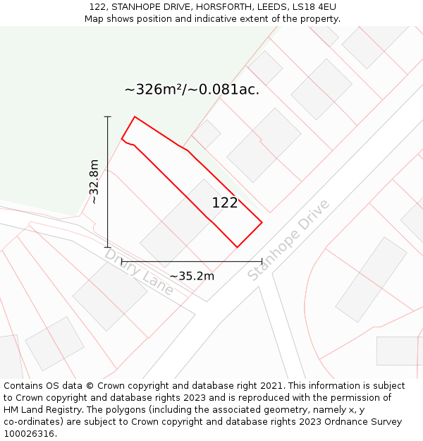 122, STANHOPE DRIVE, HORSFORTH, LEEDS, LS18 4EU: Plot and title map