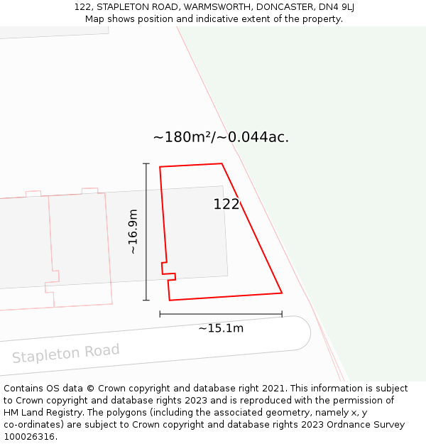 122, STAPLETON ROAD, WARMSWORTH, DONCASTER, DN4 9LJ: Plot and title map