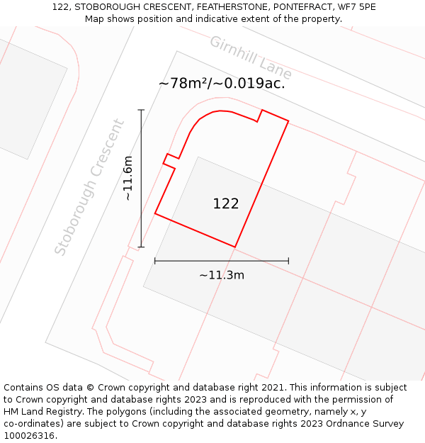 122, STOBOROUGH CRESCENT, FEATHERSTONE, PONTEFRACT, WF7 5PE: Plot and title map
