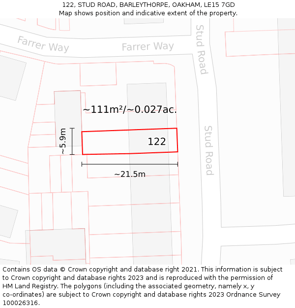 122, STUD ROAD, BARLEYTHORPE, OAKHAM, LE15 7GD: Plot and title map