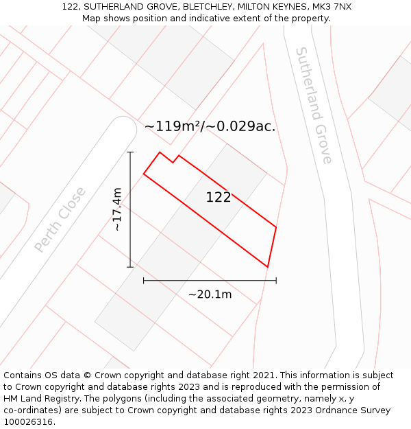 122, SUTHERLAND GROVE, BLETCHLEY, MILTON KEYNES, MK3 7NX: Plot and title map