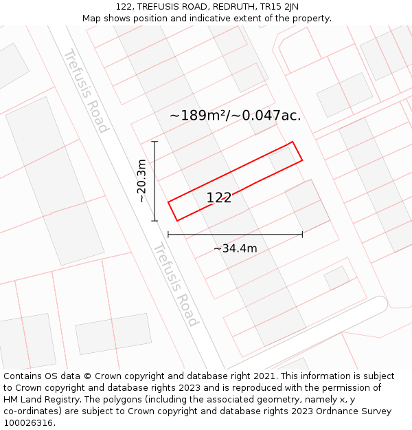 122, TREFUSIS ROAD, REDRUTH, TR15 2JN: Plot and title map