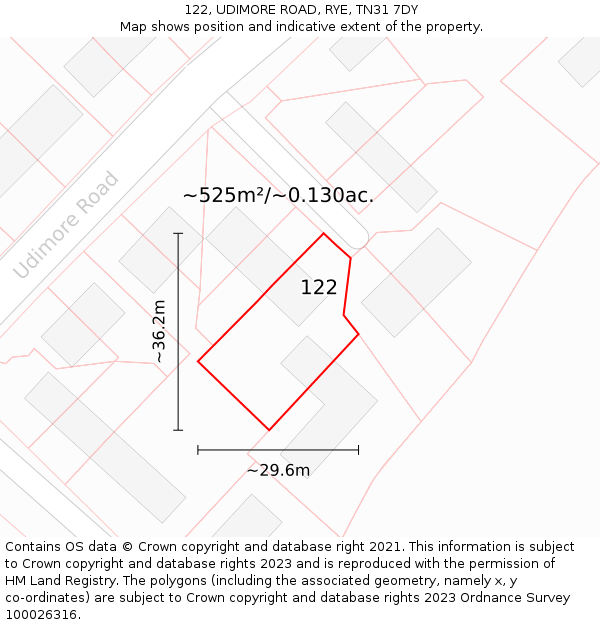 122, UDIMORE ROAD, RYE, TN31 7DY: Plot and title map