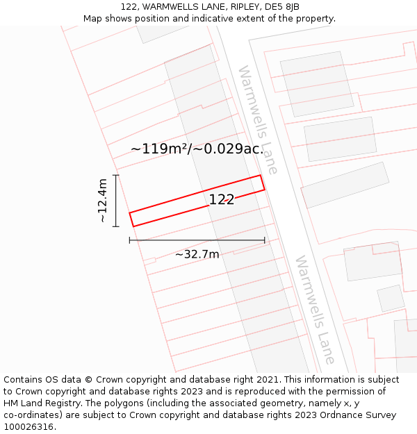 122, WARMWELLS LANE, RIPLEY, DE5 8JB: Plot and title map