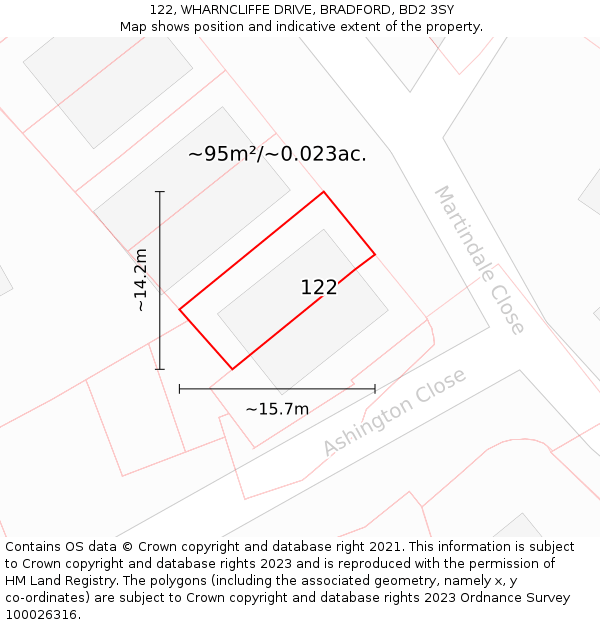 122, WHARNCLIFFE DRIVE, BRADFORD, BD2 3SY: Plot and title map