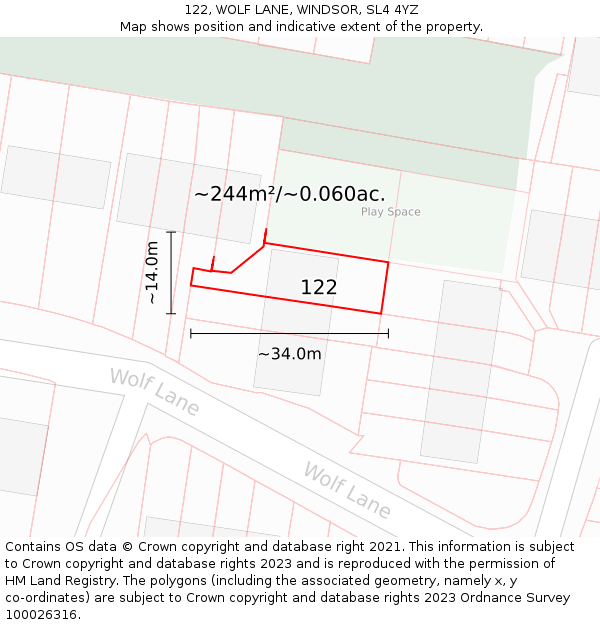 122, WOLF LANE, WINDSOR, SL4 4YZ: Plot and title map