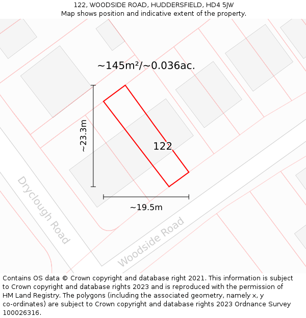 122, WOODSIDE ROAD, HUDDERSFIELD, HD4 5JW: Plot and title map