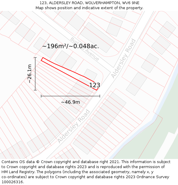 123, ALDERSLEY ROAD, WOLVERHAMPTON, WV6 9NE: Plot and title map