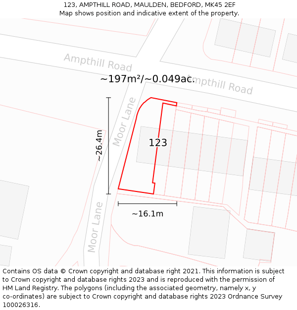 123, AMPTHILL ROAD, MAULDEN, BEDFORD, MK45 2EF: Plot and title map