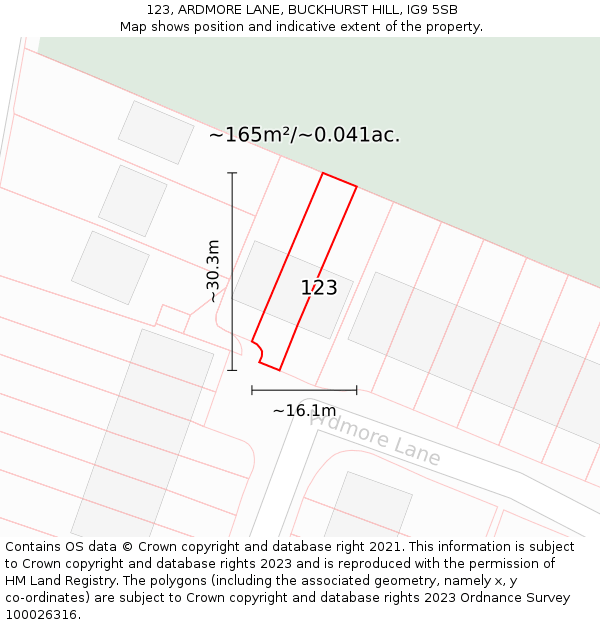 123, ARDMORE LANE, BUCKHURST HILL, IG9 5SB: Plot and title map