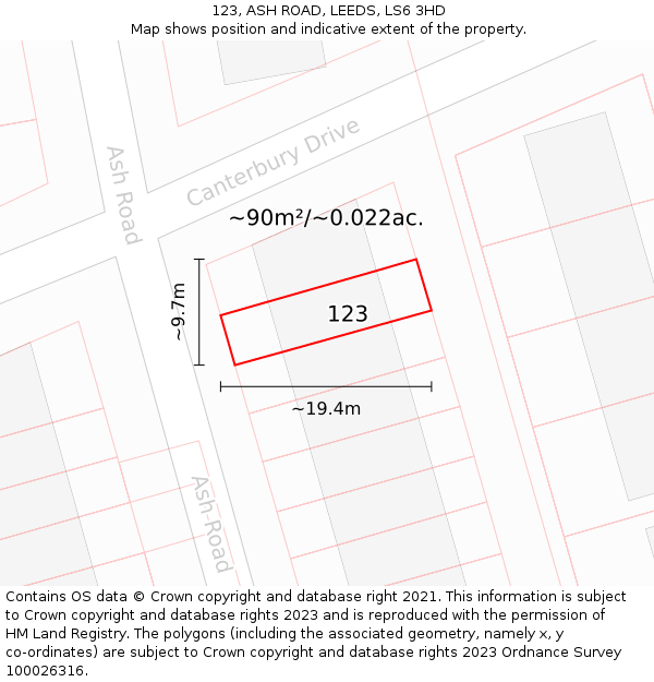 123, ASH ROAD, LEEDS, LS6 3HD: Plot and title map
