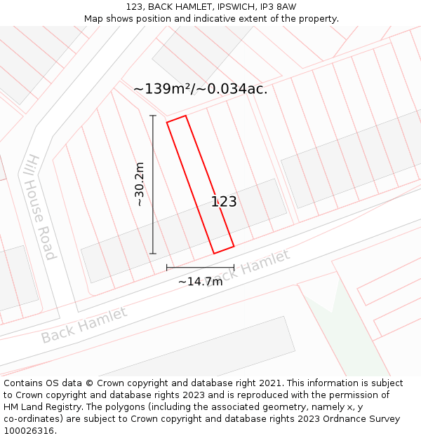 123, BACK HAMLET, IPSWICH, IP3 8AW: Plot and title map
