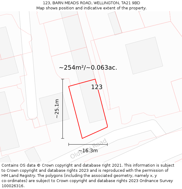 123, BARN MEADS ROAD, WELLINGTON, TA21 9BD: Plot and title map