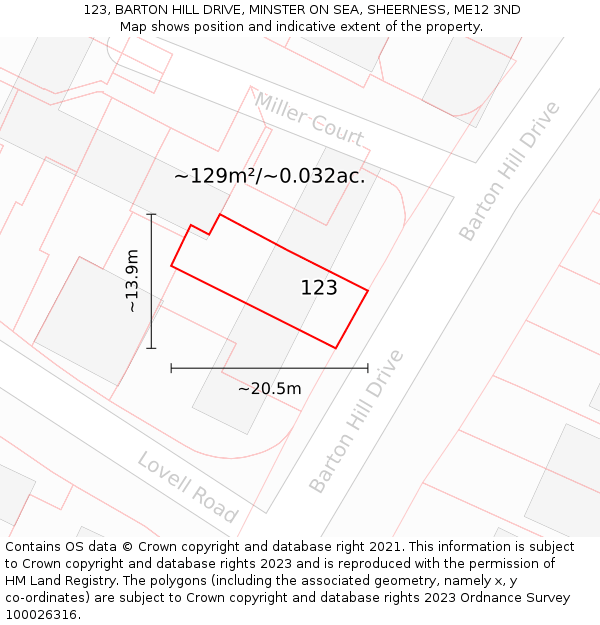 123, BARTON HILL DRIVE, MINSTER ON SEA, SHEERNESS, ME12 3ND: Plot and title map