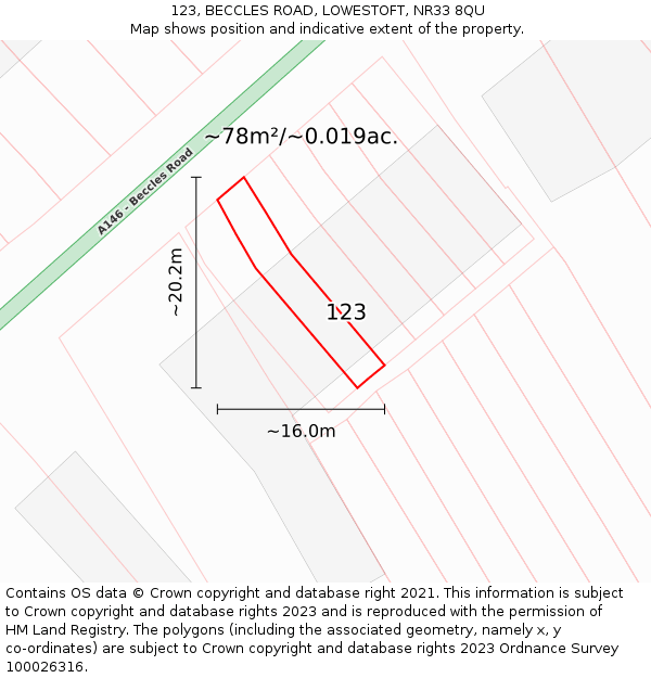 123, BECCLES ROAD, LOWESTOFT, NR33 8QU: Plot and title map