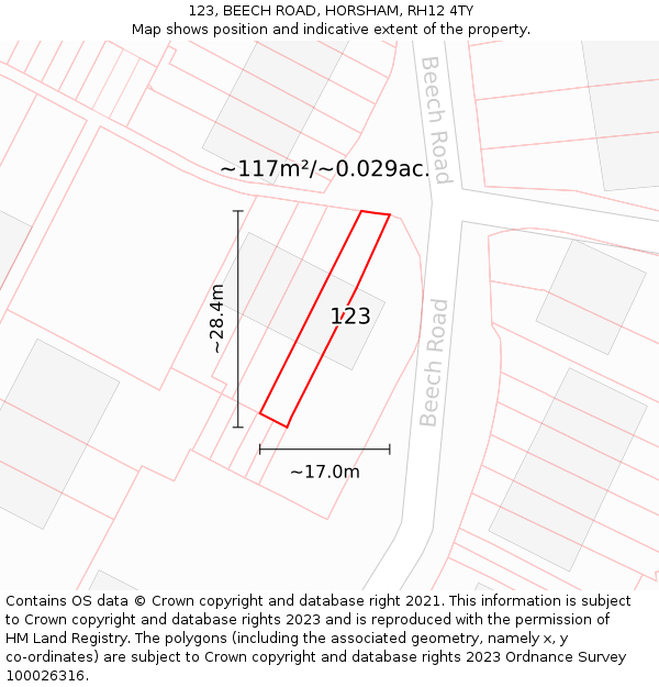 123, BEECH ROAD, HORSHAM, RH12 4TY: Plot and title map