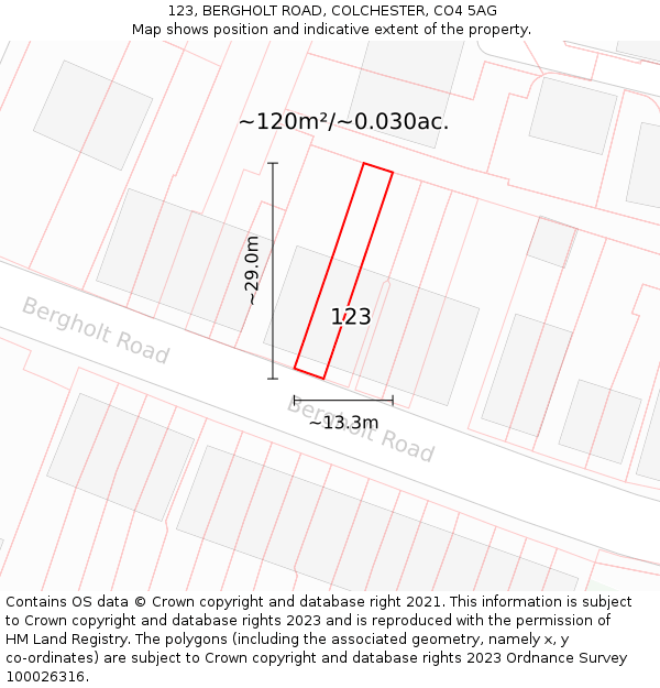 123, BERGHOLT ROAD, COLCHESTER, CO4 5AG: Plot and title map