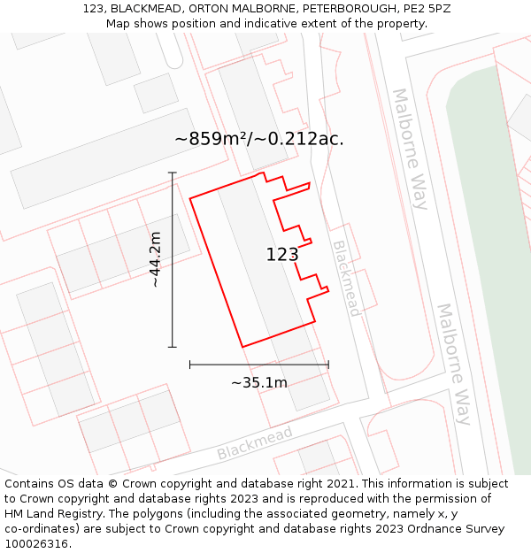 123, BLACKMEAD, ORTON MALBORNE, PETERBOROUGH, PE2 5PZ: Plot and title map