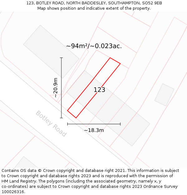 123, BOTLEY ROAD, NORTH BADDESLEY, SOUTHAMPTON, SO52 9EB: Plot and title map