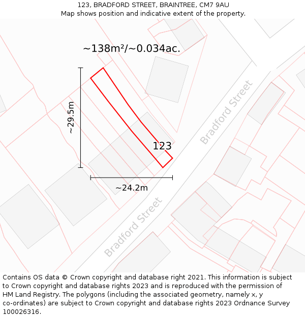 123, BRADFORD STREET, BRAINTREE, CM7 9AU: Plot and title map