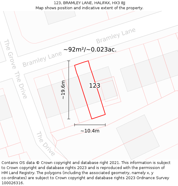 123, BRAMLEY LANE, HALIFAX, HX3 8JJ: Plot and title map