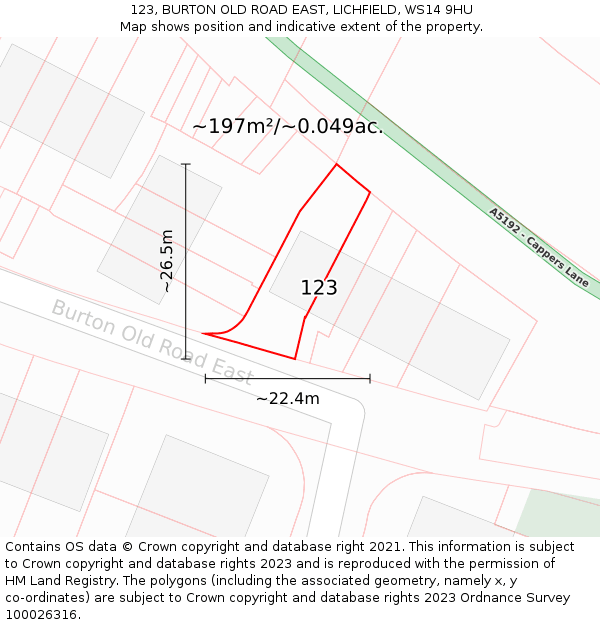 123, BURTON OLD ROAD EAST, LICHFIELD, WS14 9HU: Plot and title map