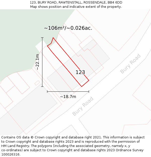 123, BURY ROAD, RAWTENSTALL, ROSSENDALE, BB4 6DD: Plot and title map