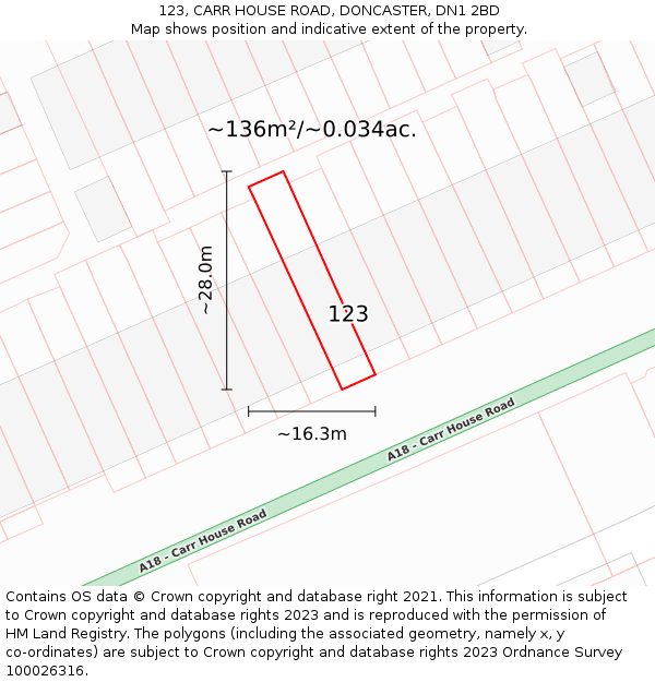 123, CARR HOUSE ROAD, DONCASTER, DN1 2BD: Plot and title map