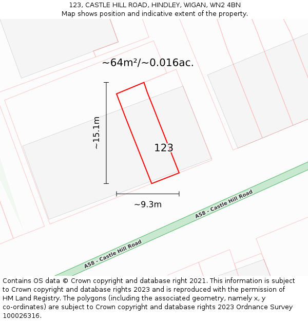 123, CASTLE HILL ROAD, HINDLEY, WIGAN, WN2 4BN: Plot and title map