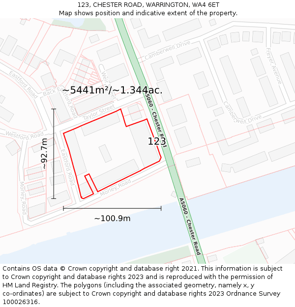 123, CHESTER ROAD, WARRINGTON, WA4 6ET: Plot and title map