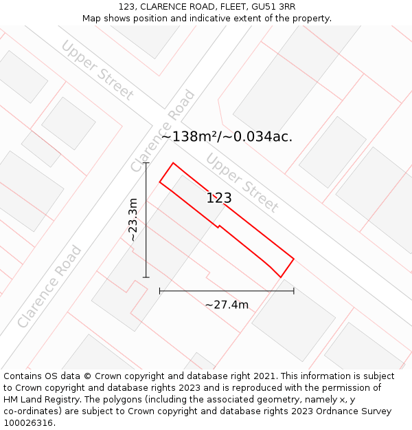 123, CLARENCE ROAD, FLEET, GU51 3RR: Plot and title map