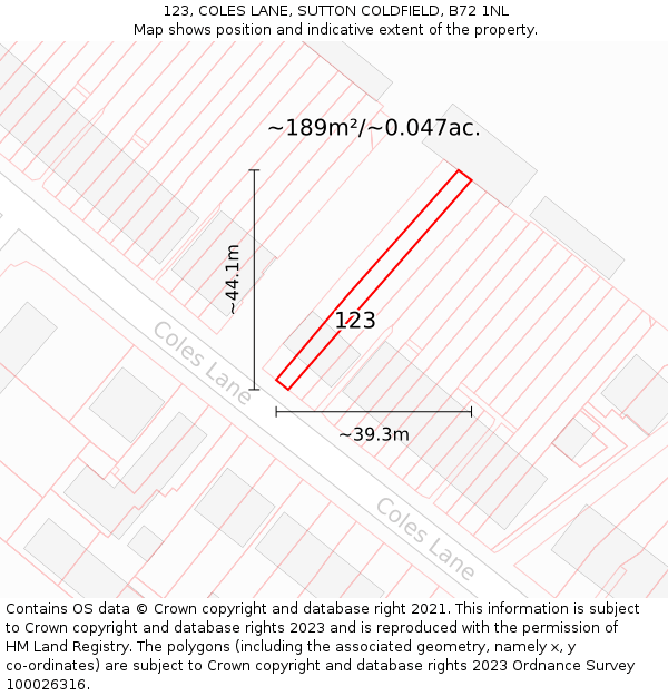 123, COLES LANE, SUTTON COLDFIELD, B72 1NL: Plot and title map