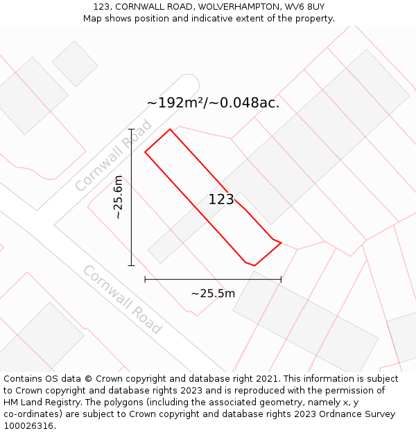 123, CORNWALL ROAD, WOLVERHAMPTON, WV6 8UY: Plot and title map
