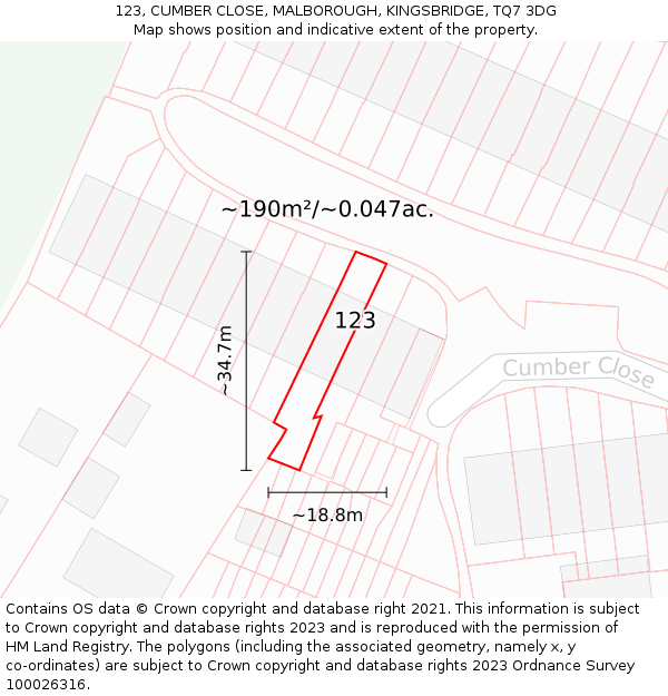 123, CUMBER CLOSE, MALBOROUGH, KINGSBRIDGE, TQ7 3DG: Plot and title map