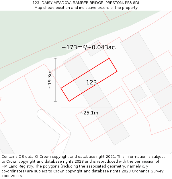123, DAISY MEADOW, BAMBER BRIDGE, PRESTON, PR5 8DL: Plot and title map