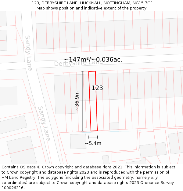 123, DERBYSHIRE LANE, HUCKNALL, NOTTINGHAM, NG15 7GF: Plot and title map