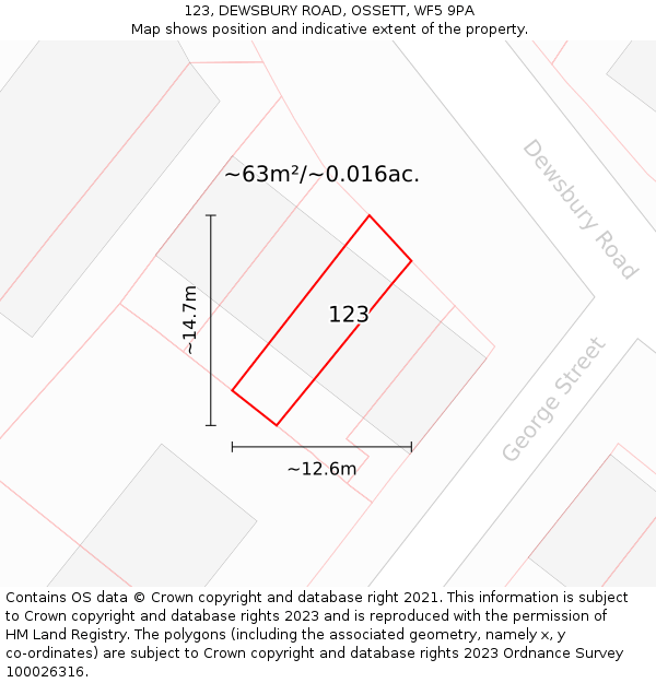 123, DEWSBURY ROAD, OSSETT, WF5 9PA: Plot and title map