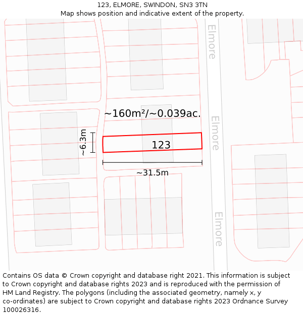 123, ELMORE, SWINDON, SN3 3TN: Plot and title map